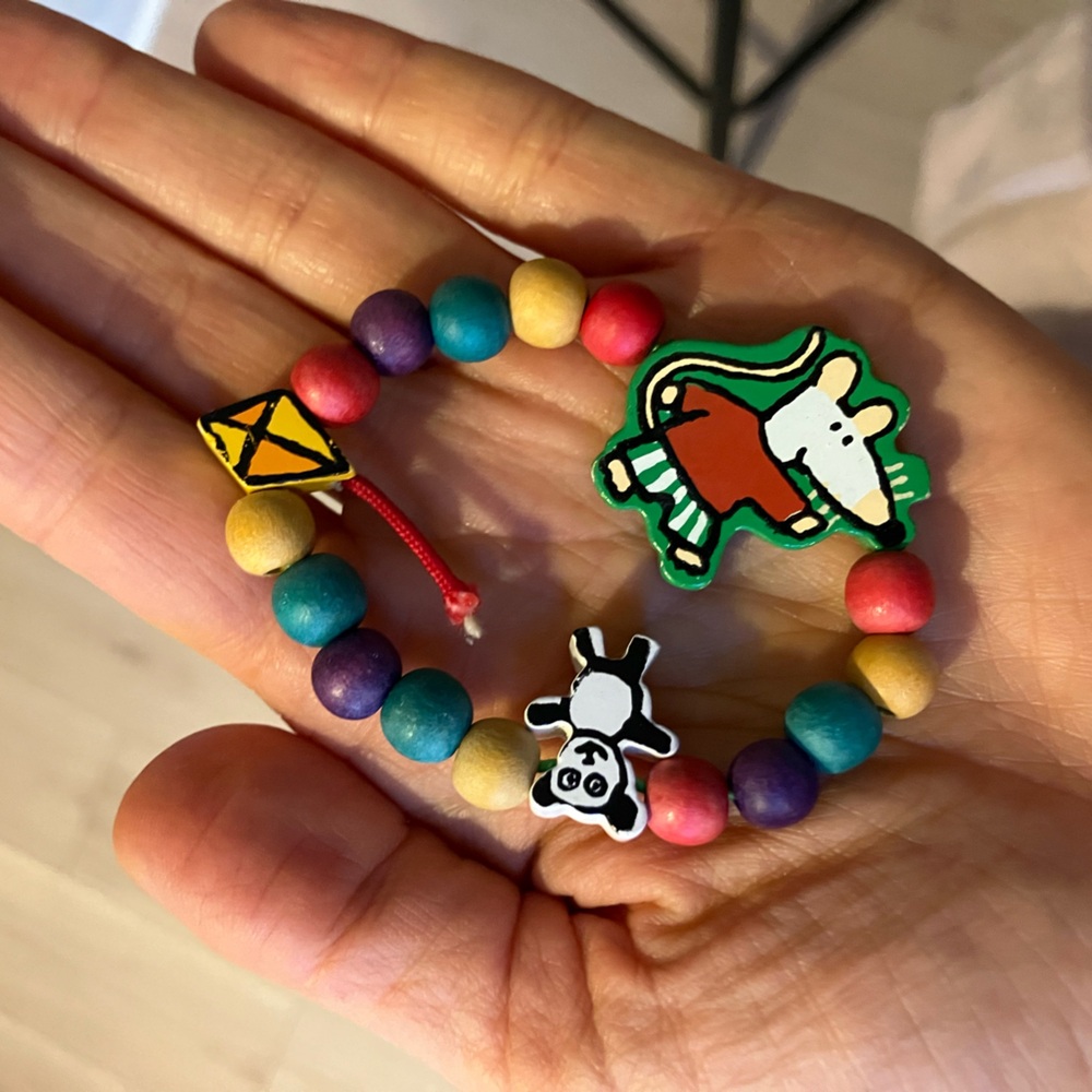 Maisy Mouse Vintage Colorful Wood Beaded Bracelet with Panda Charm